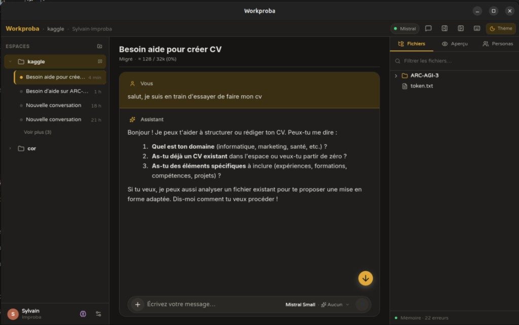 WorkProba en mode sombre : chat, fichiers et espace de travail
