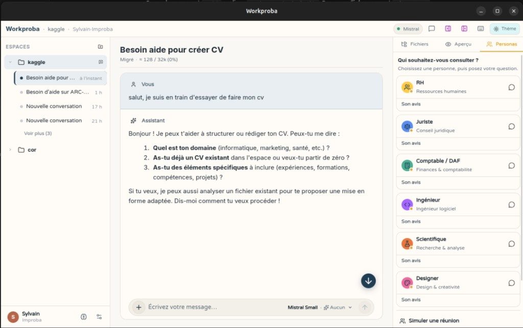 WorkProba en mode clair : chat, Regards métier et espace de travail